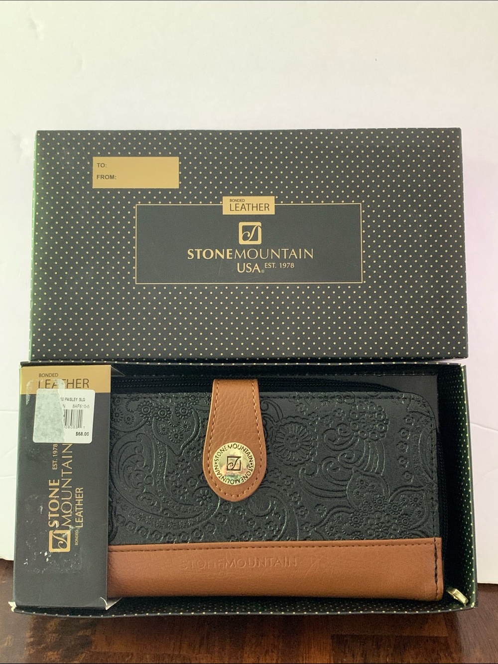 Stone Mountain Leather Black and Brown Embossed Zip Around Wallet